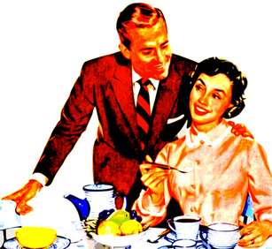 A 50s ad print of a husband and wife smiling over breakfast. The woman holds a spoonful of sugar, preparing to mix it into her coffee.