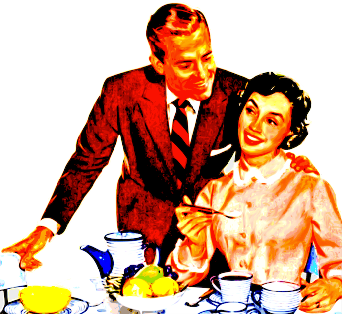 A 50s ad print of a husband and wife smiling over breakfast. The woman holds a spoonful of sugar, preparing to mix it into her coffee.